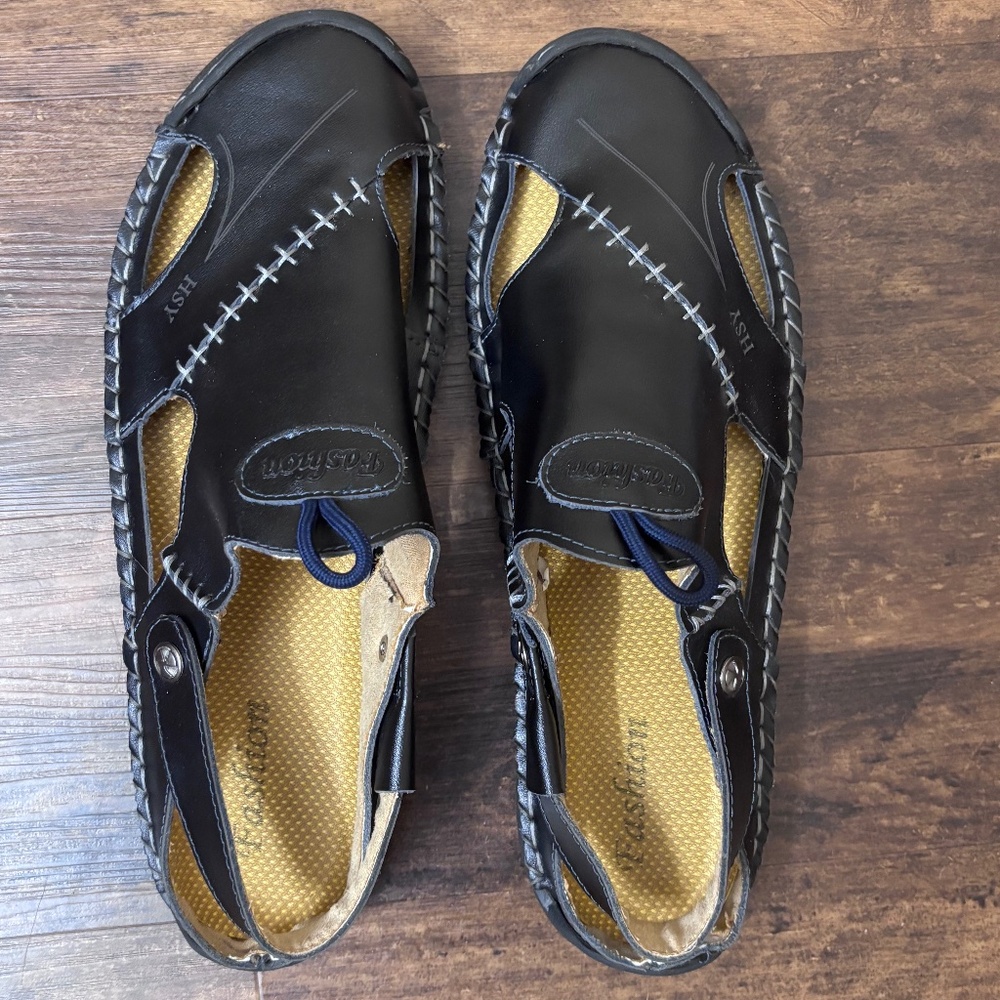 HSY Men's Sandal Fashion Slip On Black Leather Closed Toe Sandals Size 13 - Picture 3 of 7